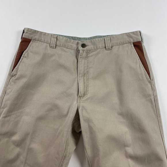 Orvis Zambezi Twill Pants Mens 38 x 29 Khaki Cotton with Leather Trim Cuffed - Picture 3 of 12